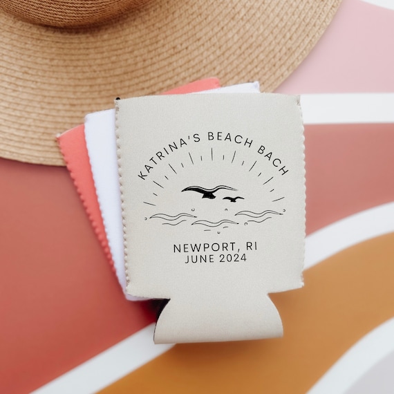 Custom Beach Bach Can Cooler, Bachelorette Party Drink Holder, Coastal Wedding Favor