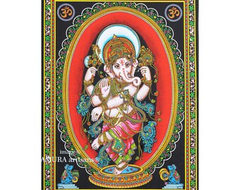 Hindu God Ganesh UV Print Sequined Cotton Wall Hanging Fair Trade 76 x 106 cm 