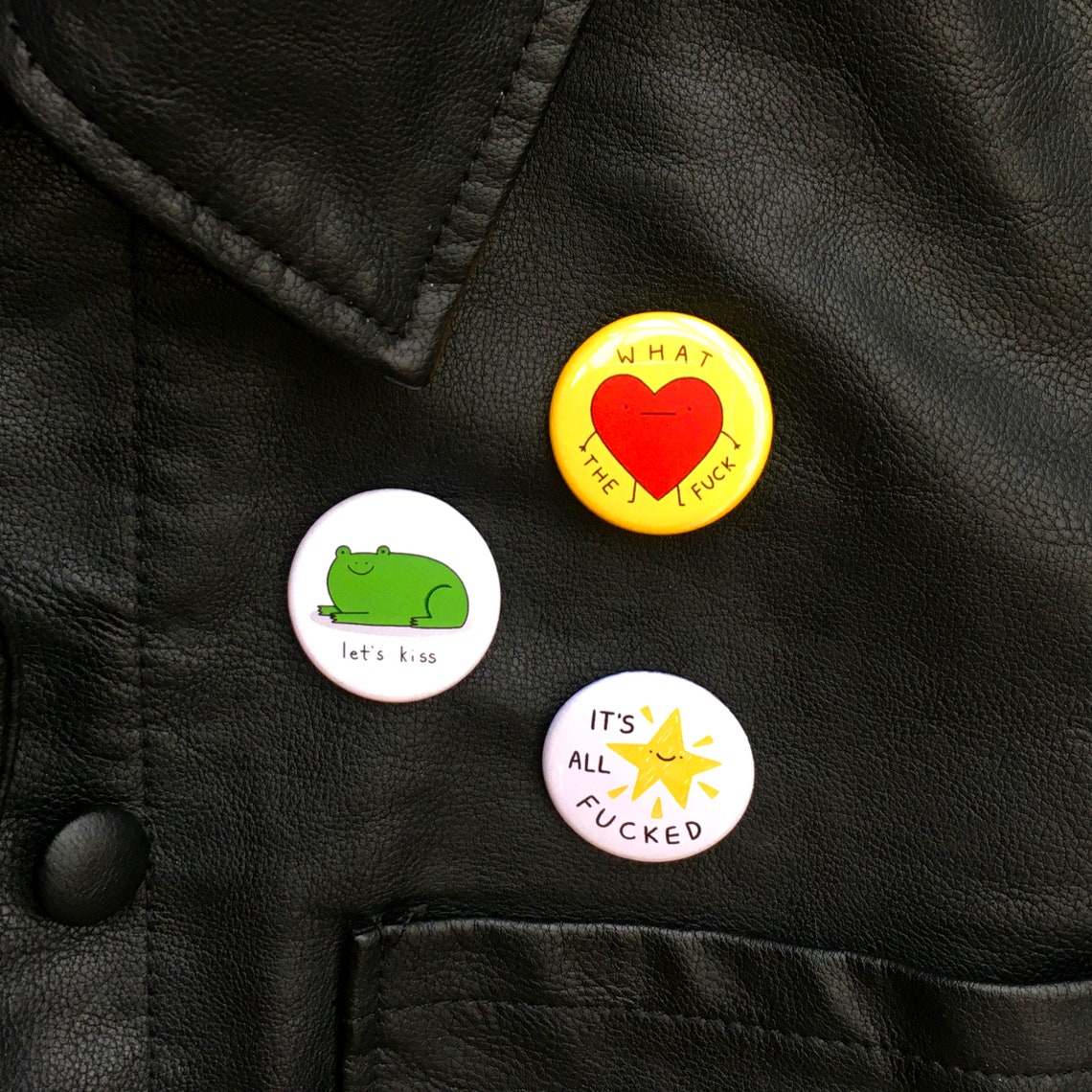 Funny Button Badge Set // Funny Cute Frog Heart and Star Etsy