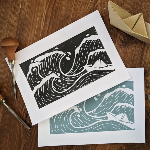 Linogravure A5 "Bateau et vagues" fait main