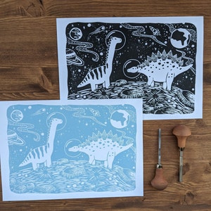 Handmade A4 &quot;Dinosaur on the Moon&quot; linocut