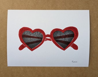 Linograbado A5 "Gafas de corazón" hecho a mano