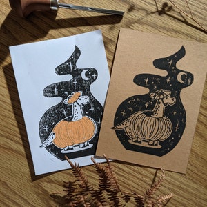 Linogravure A6 "Dinotrouille d'halloween" fait main