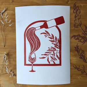 Handmade A4 linocut &quot;wine, glass, bottle and olive tree&quot;