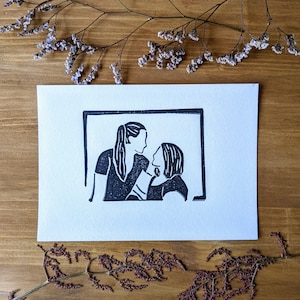 Linogravure A6 "Un couple" fait main
