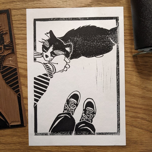 Linocut A5 "Cute kitten" handmade