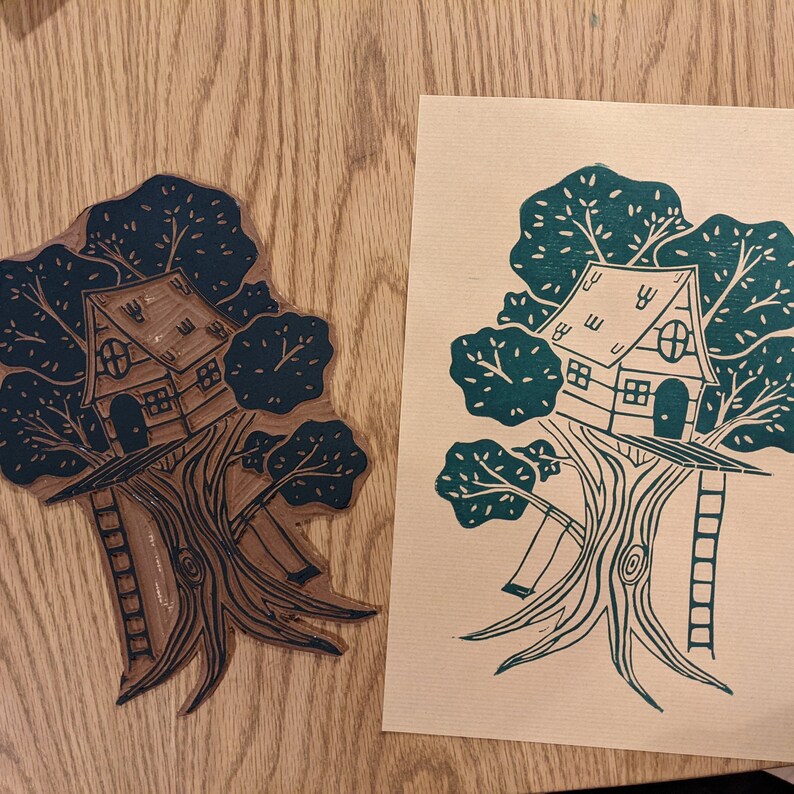 Treehouse Print Handmade A4 Linocut