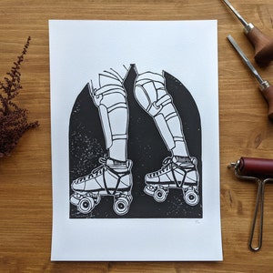 Handmade A4 Linocut &quot;Roller Derby Skates&quot;