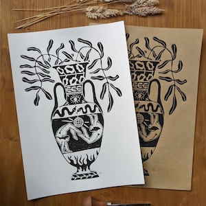 Linograbado A4 hecho a mano "Jarrón griego"