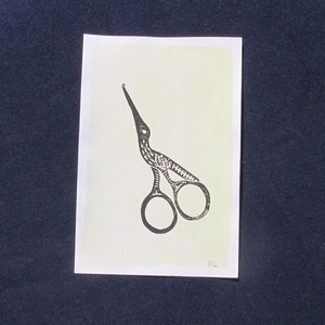 Linogravure A6 "Ciseaux à broder" fait main