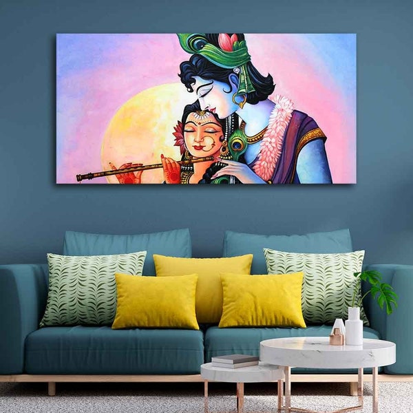 Colorful Wall Painting of Lord Radha Krishna | Canvas Wall Art Print | Krishna Painting Home Decor | Wall Hanging