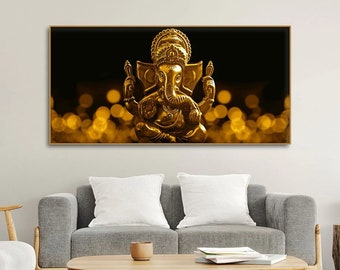 Premium Wall Painting of Golden Lord Ganesha | Canvas Wall Art Print | Gaanesh Painting Home Decor | Wall Hanging