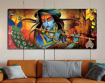 Lord Krishna Playing Flute Premium Wall Painting | Canvas Wall Art Print | Krishna Painting Home Decor | Wall Hanging