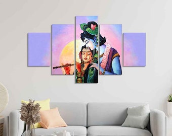 Radha Krishna Canvas Wall Painting 5 Panel Set | Canvas Wall Art Print | Krishna Painting Home Decor | Wall Hanging