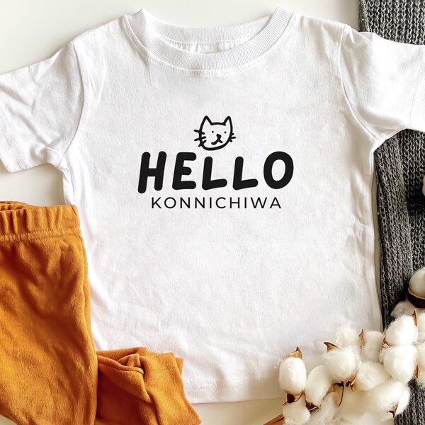 Hello Konnichiwa Baby Japanese Tshirt Neko Cat Shirt Kawaii Infant Shirt Boy Girl Tee Baby Shower Gift Japan Asian Clothes Animal Cute Top