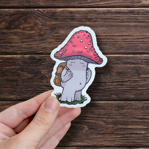 Fly Agaric Mushroom Backpacker Sticker - Waterproof Vinyl Matte Sticker, Original Artwork