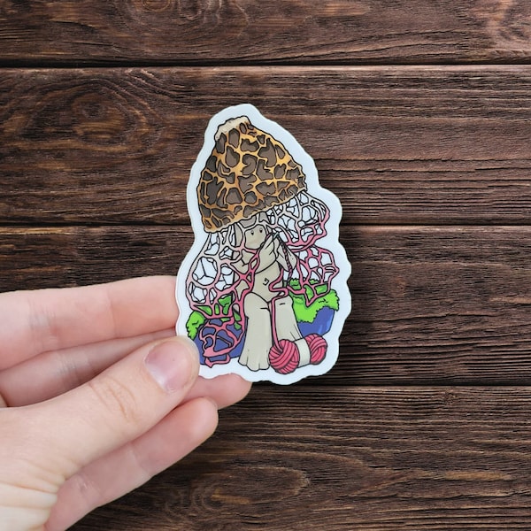 Crocheting Mushroom - Waterproof Vinyl Matte Sticker, Original Artwork