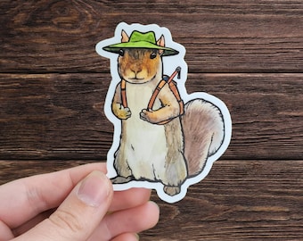 Woodland Squirrel Hiker Sticker - Waterproof Vinyl Matte Sticker, Original Artwork