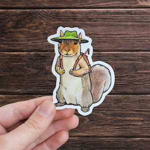 Woodland Squirrel Hiker Sticker - Waterproof Vinyl Matte Sticker, Original Artwork