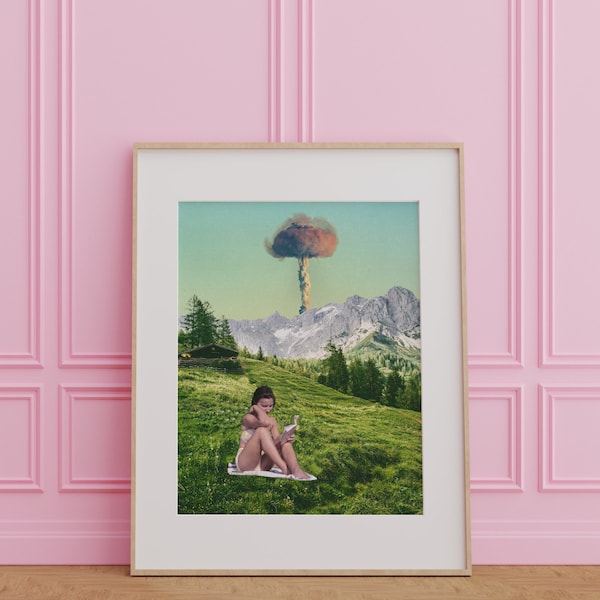 Eclectic wall art, surrealism print, book art print, collage poster, eccentric home decor, unique wall decor, mushroom cloud art