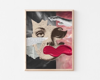 May include: A framed art print featuring a collage of a face with a crown, red lips, and a hand. The artwork incorporates newsprint and a pink and black background, creating a unique aesthetic.