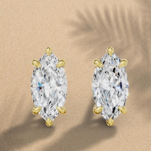 Marquise Cut Lab Grown Diamond Stud Earrings: 14K Gold Solitaire