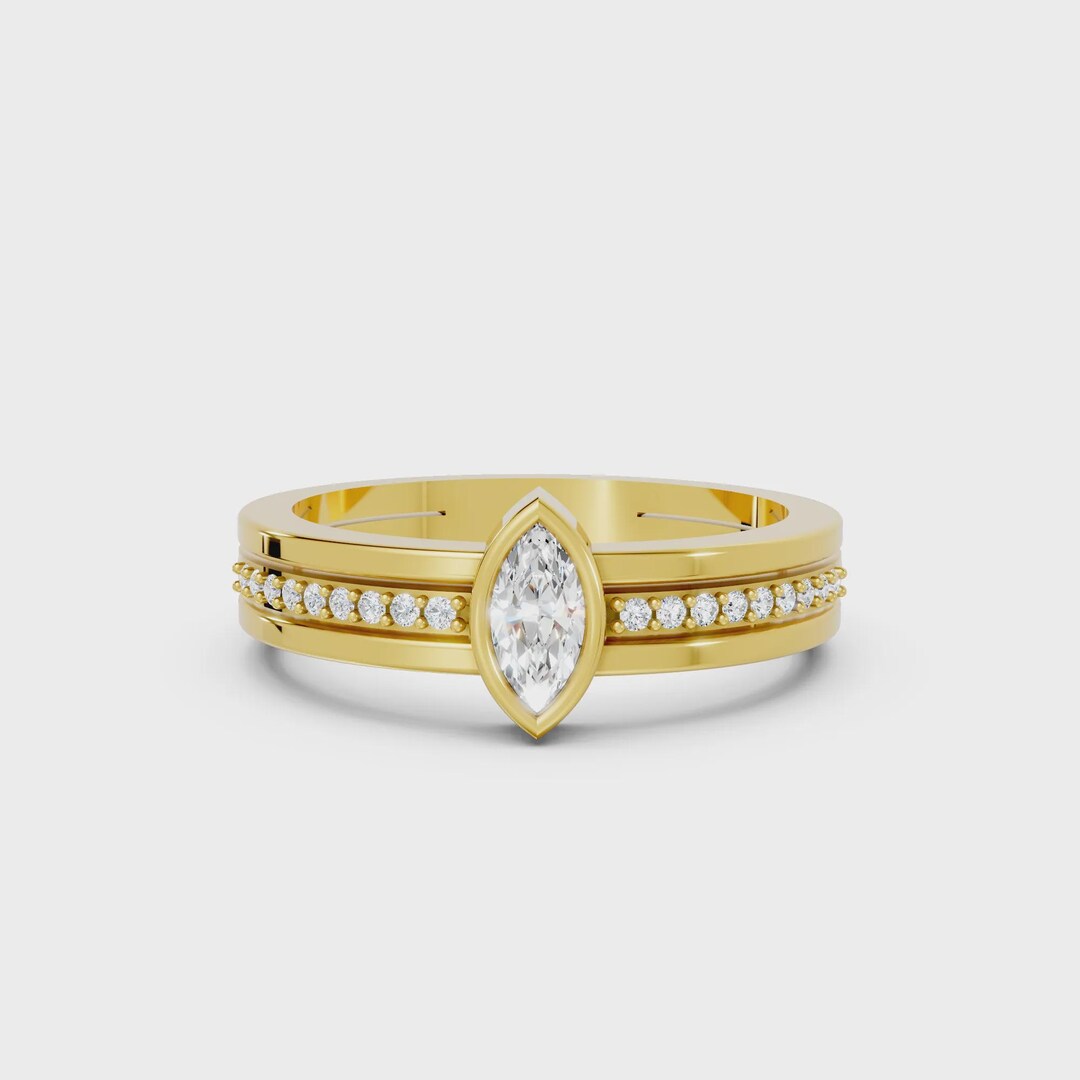 Marquise Cut Lab Grown Diamond Double Band Engagement Ring, 14K Gold ...