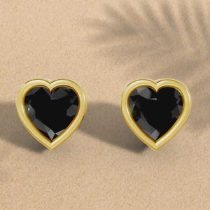 Heart Cut Black Diamond Stud Earrings: 14K Gold Minimalist Solitaire