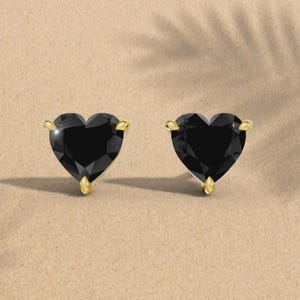 Heart Cut Black Diamond Stud Earrings: 14K Gold Solitaire Jewelry
