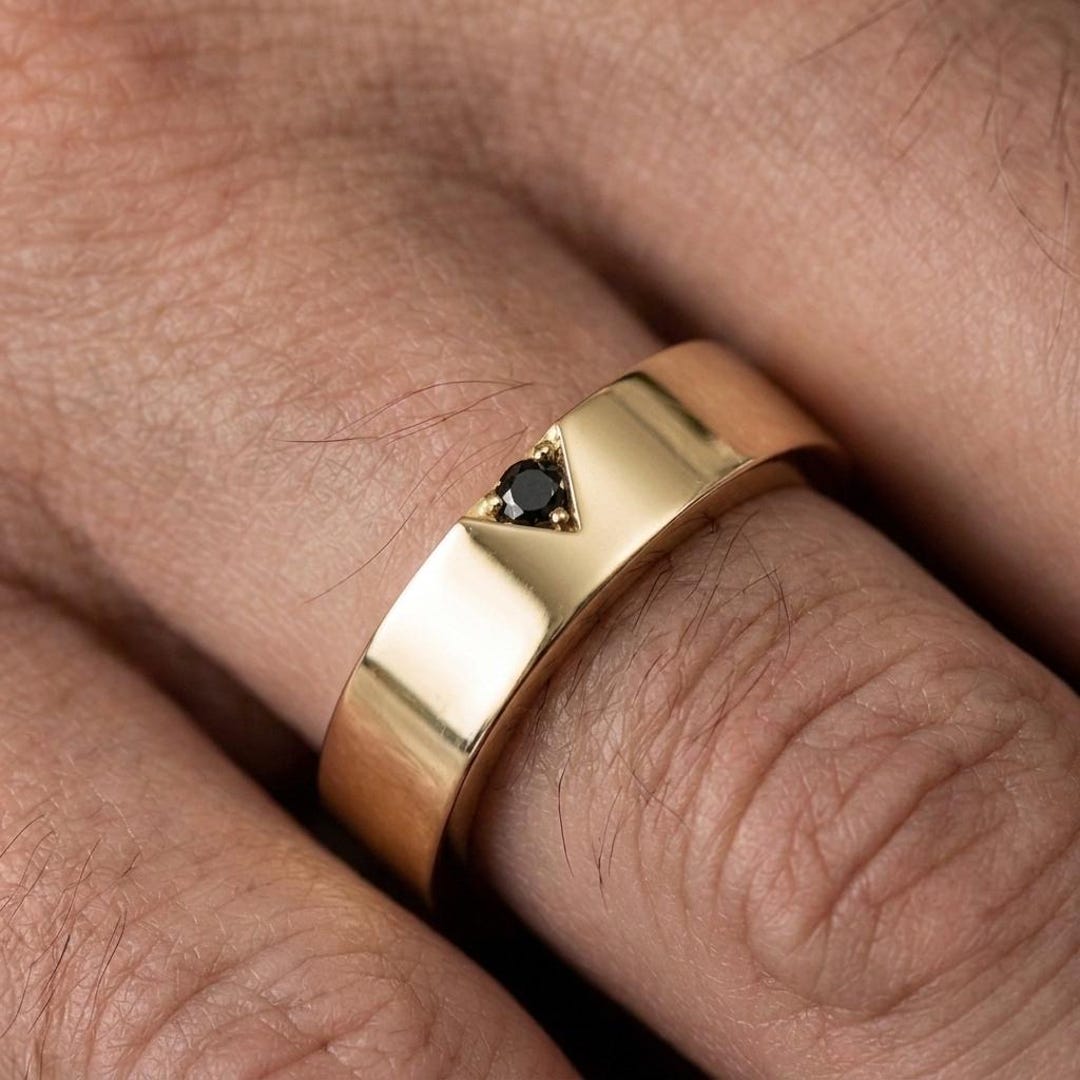 Triangle Men Rings Triangle Shape Men's Ring, Solid Gold Black Round Diamond Wedding Band ...