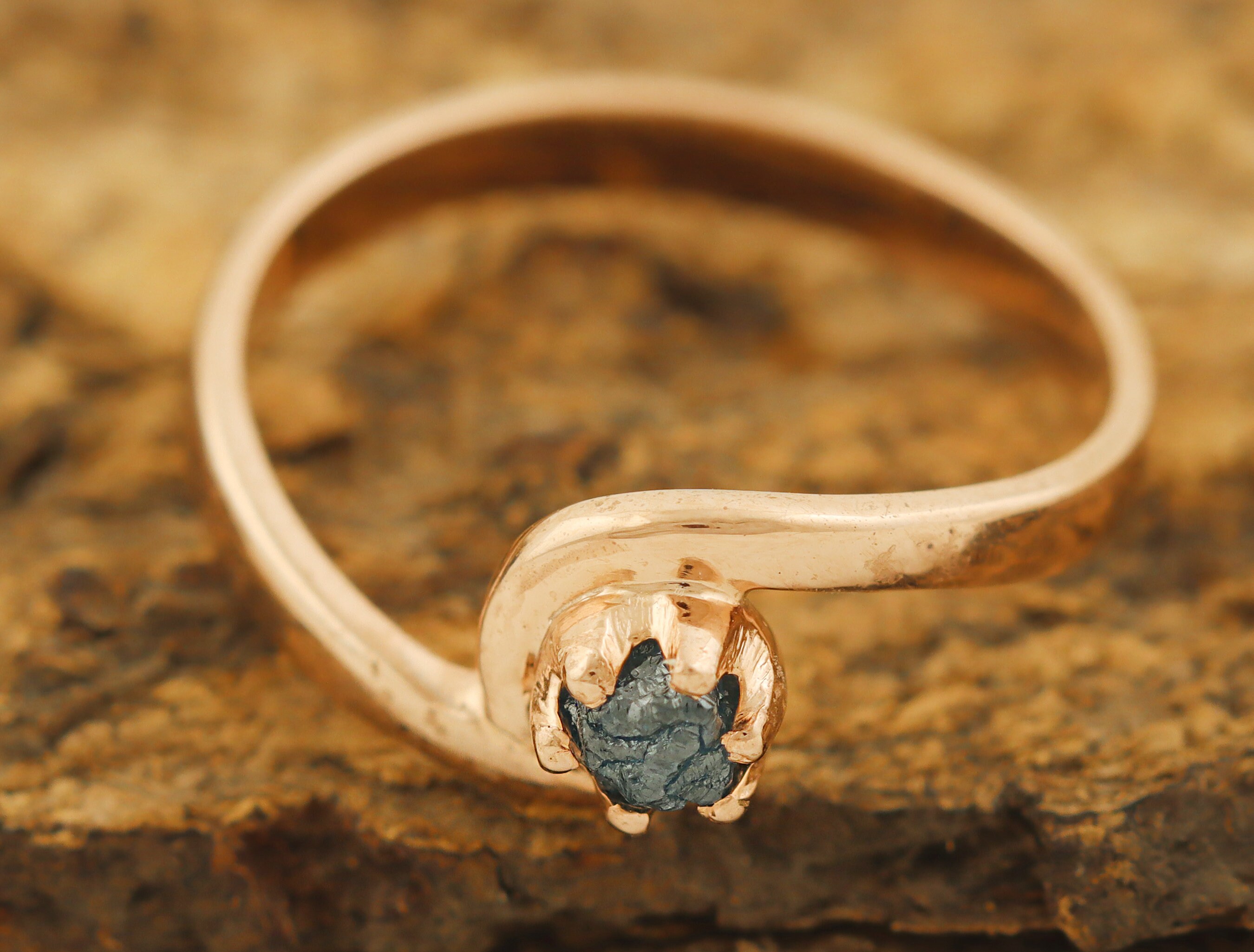 14 k Rose Gold Blue Raw Diamond Ring , Blue Rough Diamond Ring , Raw Gemstone Ring , Rough Engagement Ring, Gift For Mom Her Girlfriend