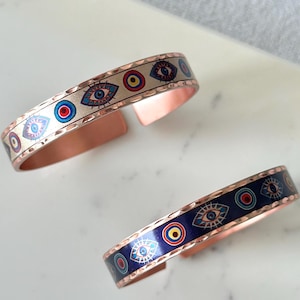 Kupfer Evil Eye Manschette Armband, Türkisch Griechisch Schutz Schmuck, Blue Eye Armreif, Boho spirituelle