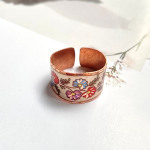 Coloured Floral Patterned Copper Resizable Ring, Copper Ring Women, Rings For Women, Dainty Vintage Rings, Adjustable Copper Ring