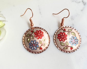 Gerber Daisy Copper Dangle Earrings, Botanical Jewelry