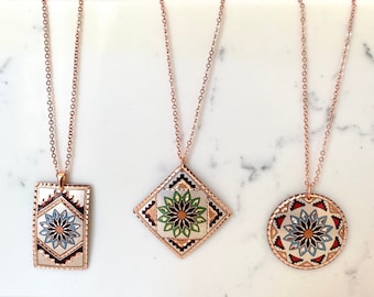 Flower Pattern Copper Circle Necklace, Antique Style,