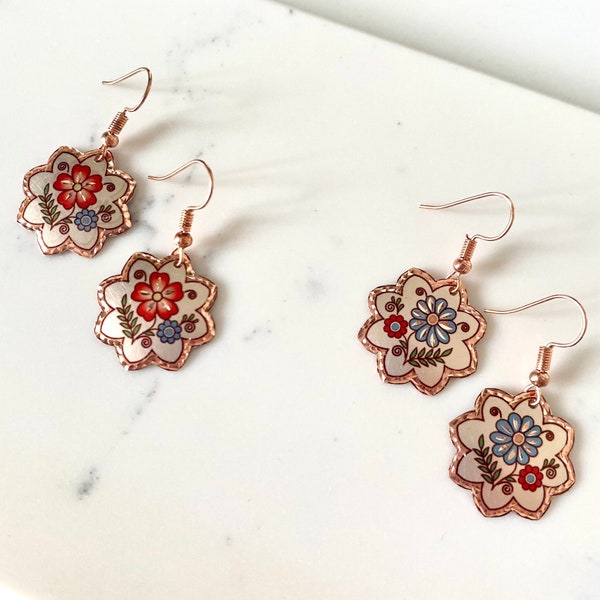 Tiny Copper Flower Earrings, Copper Petal Earrings, Copper Dangle Earrings, 7th Wedding Anniversary Gifts