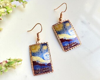 Van Gogh Copper Earrings, Starry Night Art Earrings, Almond Blossom Art Earrings, Dainty Dangle Earrings, Pure Copper Jewelry, Gift For Her