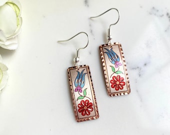 Dainty Tulip Copper Dangle Earrings, Tiny Flower Earrings, Botanical Copper Earrings, Boho Copper Earrings, Turkish Jewellery, Gift For Her