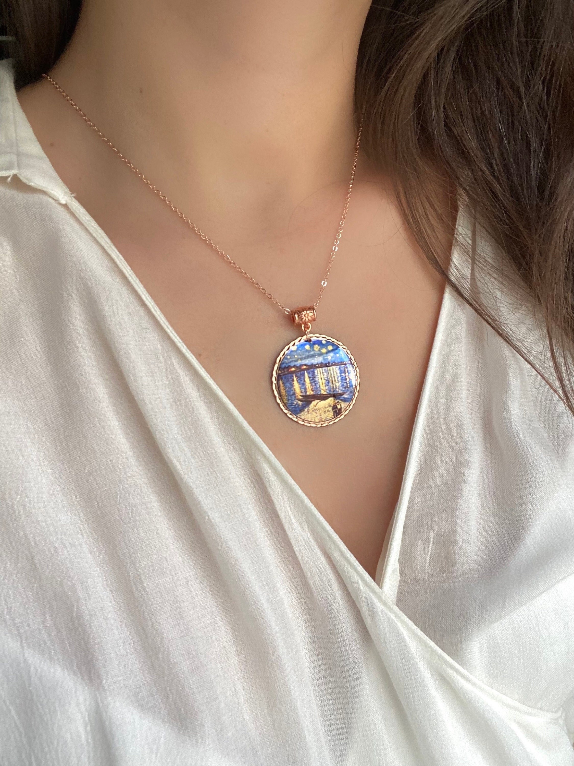 Handmade Copper Starry Night Necklace: Van Gogh Art Jewelry