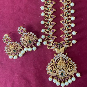 Antique lakshmi Long haram earrings with Ruby stones|Matte gold long haram| long haram necklace with stones|long antique gold haram