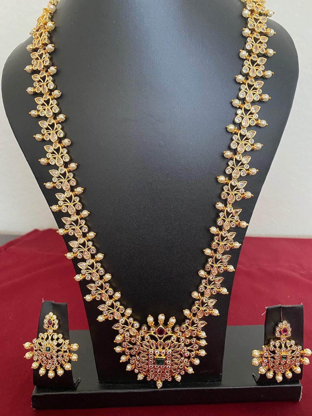 Matte Gold Antique Long Haram With Potta Stones Set |long Haram With ...