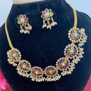 Temple jewellery set | 1 gm gold necklace | short necklace with navaratan stones| one gram jewellery|Navarathan jewelry|short necklace
