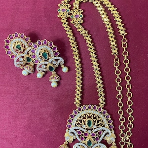 Gold finish long haram with stones | Traditional gold mala with earrings |long haram with earrings|Temple jewelry|Temple haram indian