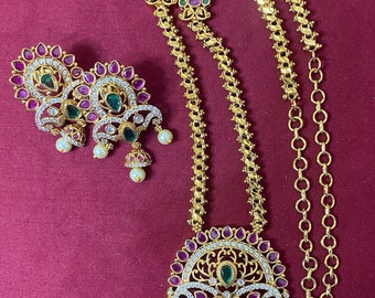 Gold finish long haram with stones | Traditional gold mala with earrings |long haram with earrings|Temple jewelry|Temple haram indian