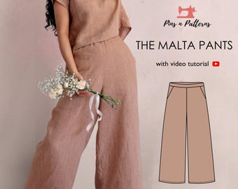 Easy Linen Pants Sewing Pattern, Beginner (PDF Download) US 0-26/UK 4-30