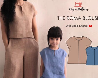 Mommy and Me Easy Linen Blouse Sewing Pattern, Beginner  (PDF, US 0-26 & Kids 1-8yrs)