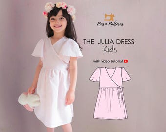 Sewing Pattern PDF Kids Bell Sleeve Wrap Dress  / Sizes ages 1-8 yrs  (Beginner sewing)