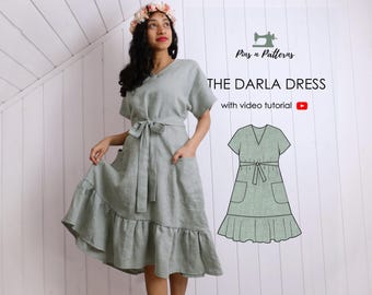Easy Midi Dress Digital Sewing Pattern : Ruffle Hem and Pockets (US 0-26/ UK 4-30)