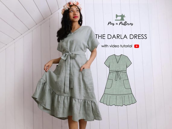 easy midi dress pattern Easy Midi Dress Digital Sewing Pattern : Ruffle Hem and Pockets (US 0-26/  UK 4-30)