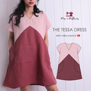 Schnittmuster PDF Easy Color Block Tunika Kleid A-Linie mit Taschen / Grössen 34-44 (Anfänger nähen)